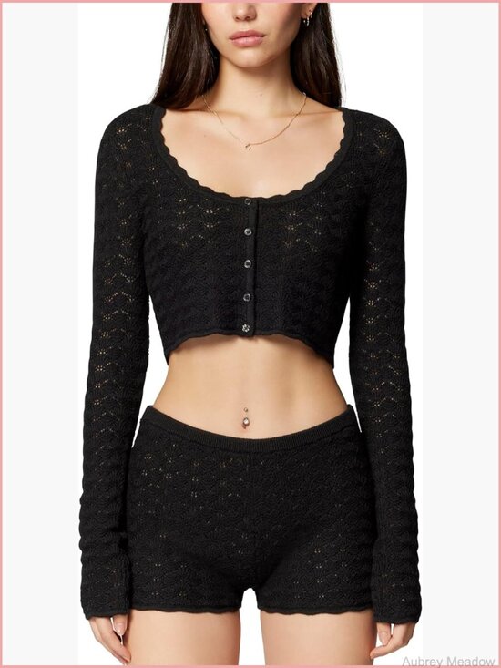 Sweaters - Pointelle Crop Cardi Sweater with Scallop Neck & Logo Buttons